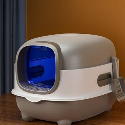 Bac à litière chat grise avec la lumière bleu