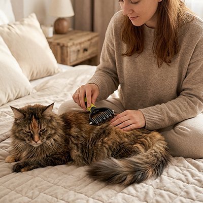 brosse chats poils longs sur chat brun