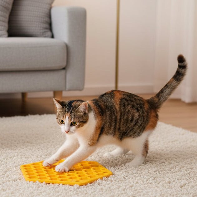 chat s'amuse a jouer avec le tapis anti-glouton chat