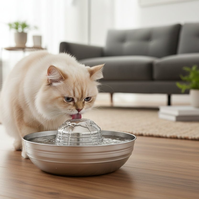 chat beige buvant dans la fontaine a eau pour chat inox