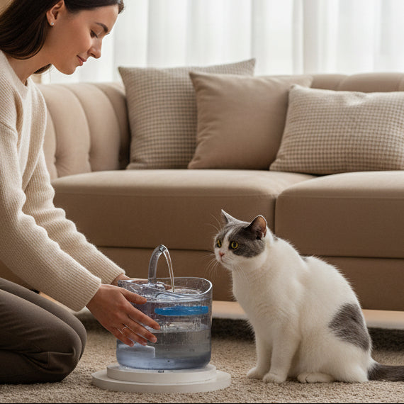 chat blanc gris observe écoulement eau fontaine a eau chat