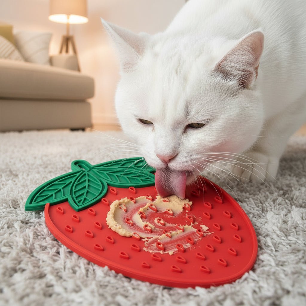 chat blanc léchant le tapis anti-glouton chat