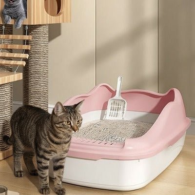 Le chat est debout devant le bac à litière chat