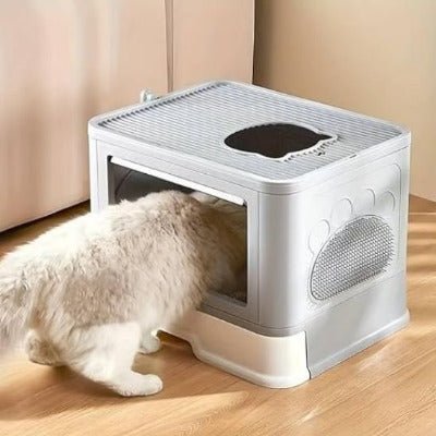 Le chat entre lentement dans le bac pour litière chat