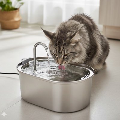 chat gris buvant eau frais dans une fontaine a chat