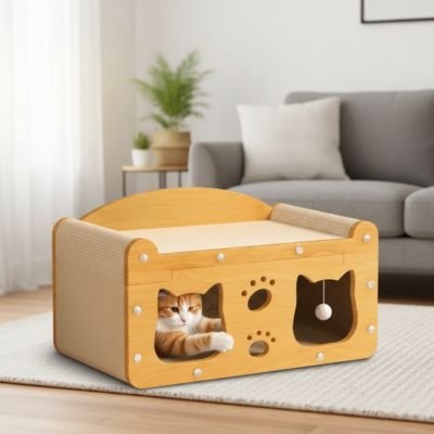 Chat jouant avec la balle du griffoir chat carton