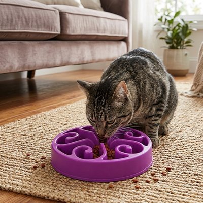 chat mangeant dans gamelle anti-glouton chat