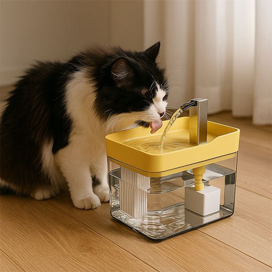 chat noir blanc boit eau fontaine a eau chat