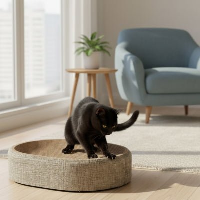 Chat noir faisant ses griffes sur un griffoir pour chat