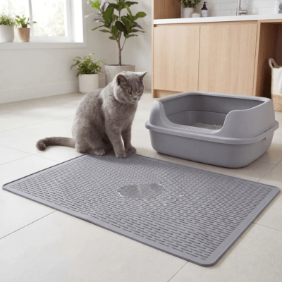 chat regarde l'eau sur le tapis pour litière chat