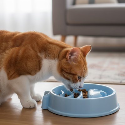 chat roux prenant son repas dans la gamelle anti glouton chaton
