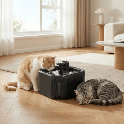 deux chats à côté d'une fontaine a chat