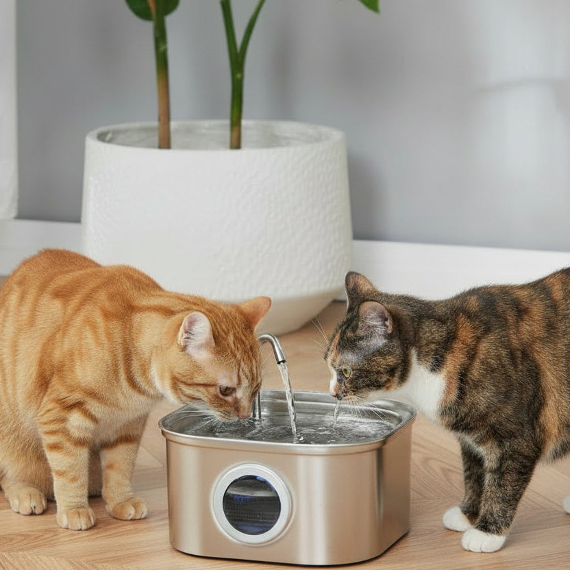 deux chats boivent fontaine a eau chat