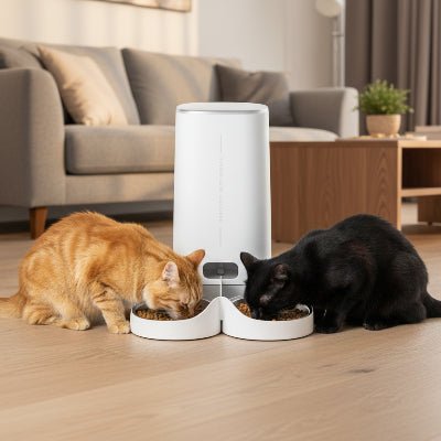 deux chats mangent leur repas dans la gamelle intelligente chat