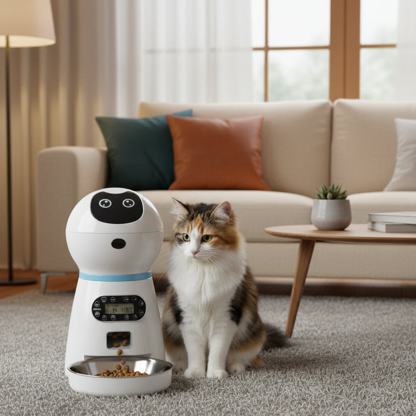distributeur automatique de croquettes chat sur le sol d'un salon