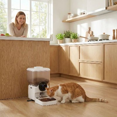 distributeur croquette chat automatique placé dans une cuisine