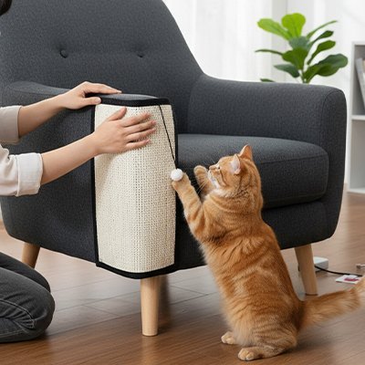 femme installe le griffoir chat tapis sur canapé