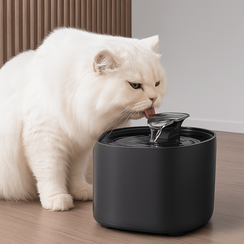 chat blanc buvant fontaine Ă eau pour chat noire