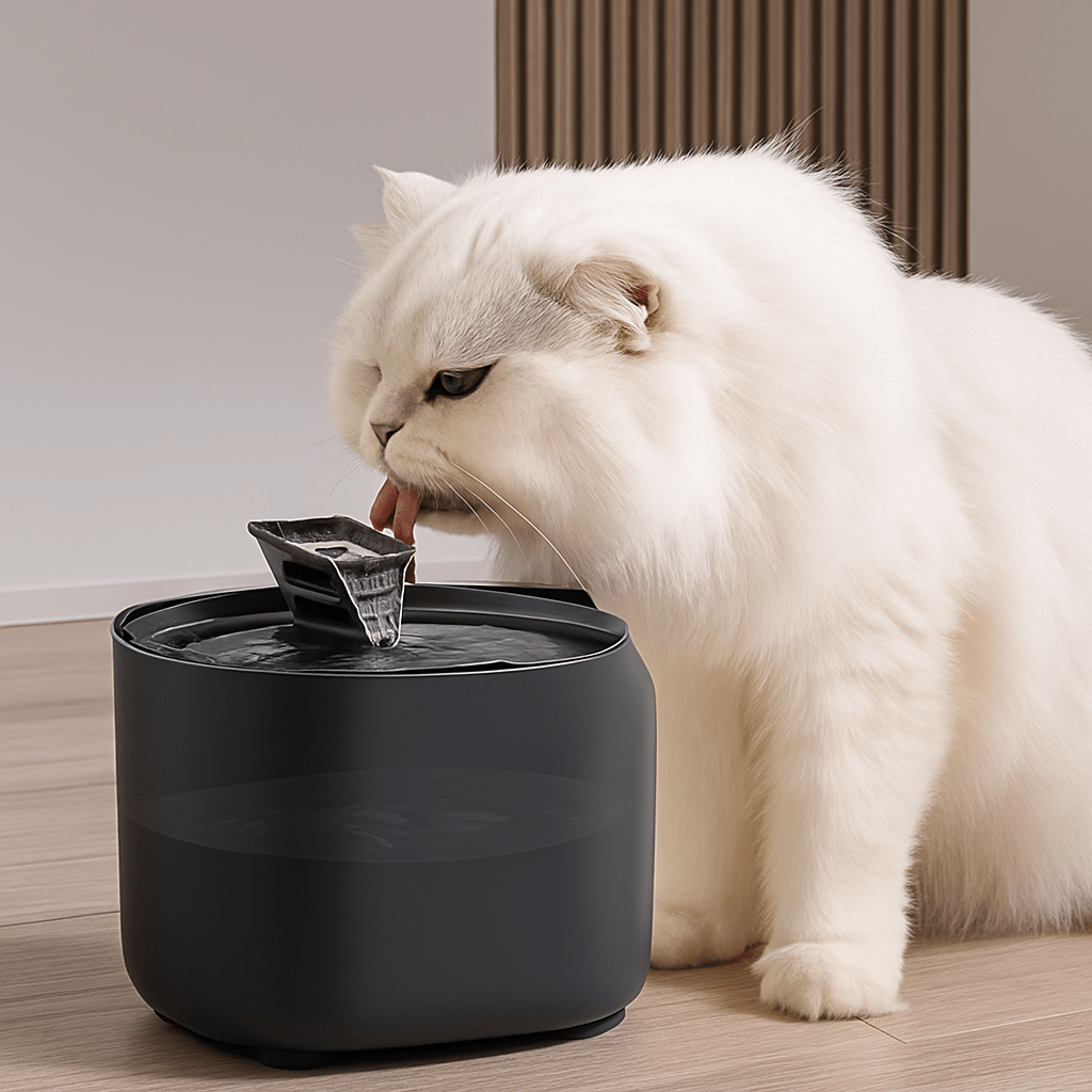 chat blanc buvant fontaine Ă eau pour chat
