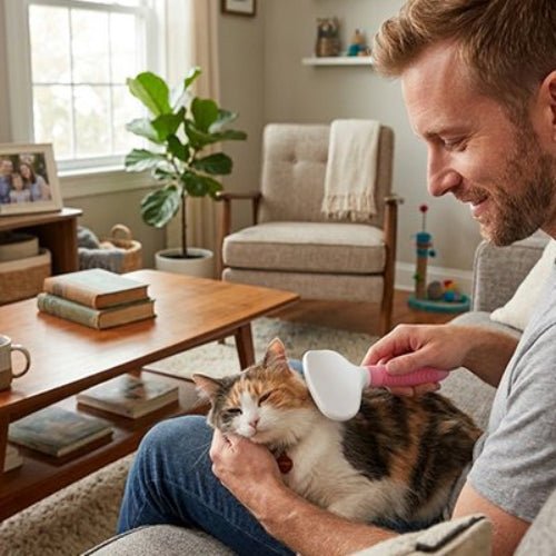 homme utilise Brosse chat poils longs sur chat roux