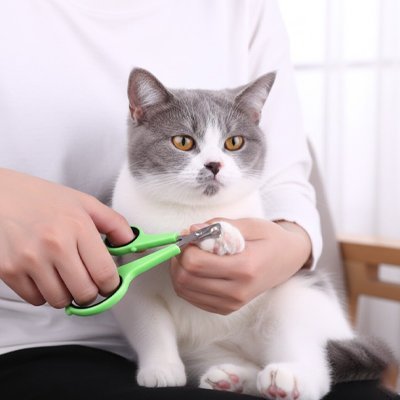 Chat maintenu sur les genoux pour couper les griffes Coupe griffe Chat