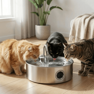 trois chats s'hydratent avec la fontaine eau pour chat