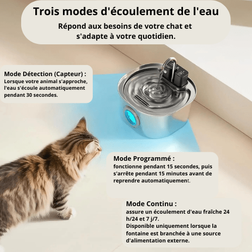 3 modes de la fontaine à eau chat inox sans fil