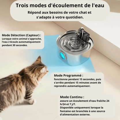 3 modes de la fontaine à eau chat inox sans fil