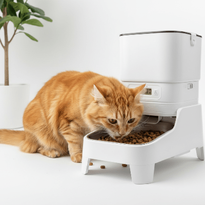 Chat dégustant des croquettes depuis un distributeur croquette chat automatique

