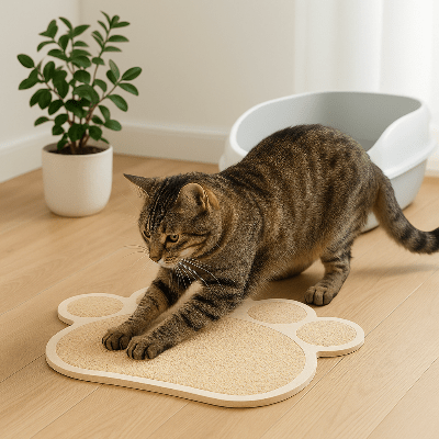 Chat en train de gratter le tapis litière chat