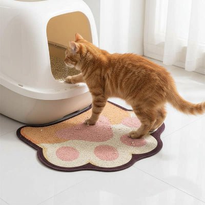 Chat entrant dans son bac sur le tapis litière pour chat 