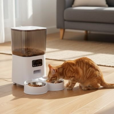 Chat mangeant dans un distributeur automatique croquettes chat 