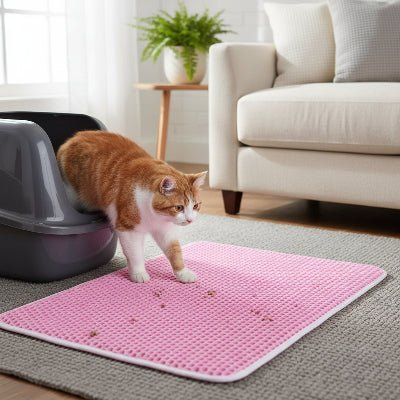 Chat quittant le bac et marchant sur le tapis chat litière