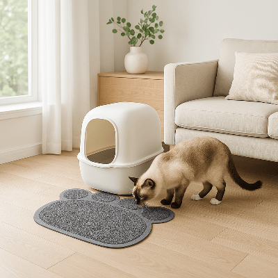 Chat reniflant le tapis litière chat placé devant la litière