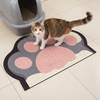 Chat sortant du bac sur tapis litière pour chat 