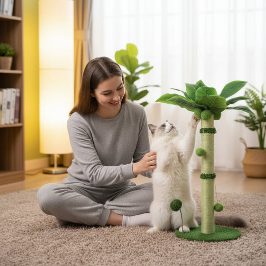 Chat tranquillement assis près du griffoir chat