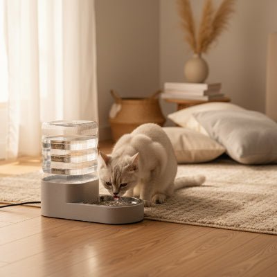 Chat buvant eau en mouvement dans une fontaine eau pour chat 