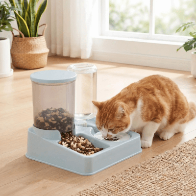 distributeur de croquettes pour chat a côté de la fenêtre