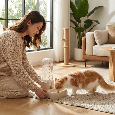 Femme déposant une Fontaine eau pour chat près d’une fenêtre, chat à côté