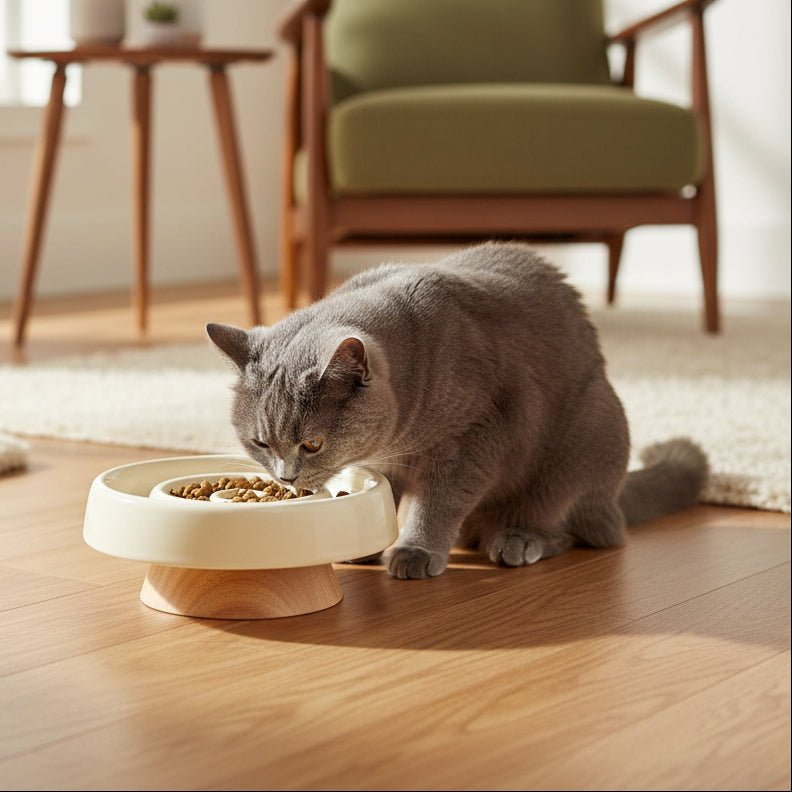 Gamelle anti glouton surélevée pour chat en céramique beige