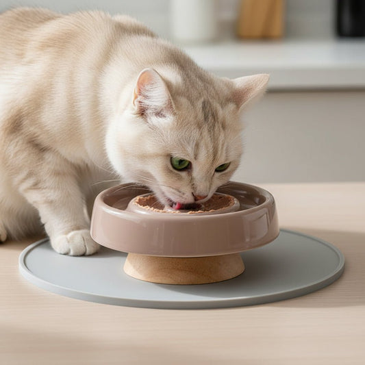 Gamelle anti glouton surélevée pour chat en céramique brun
