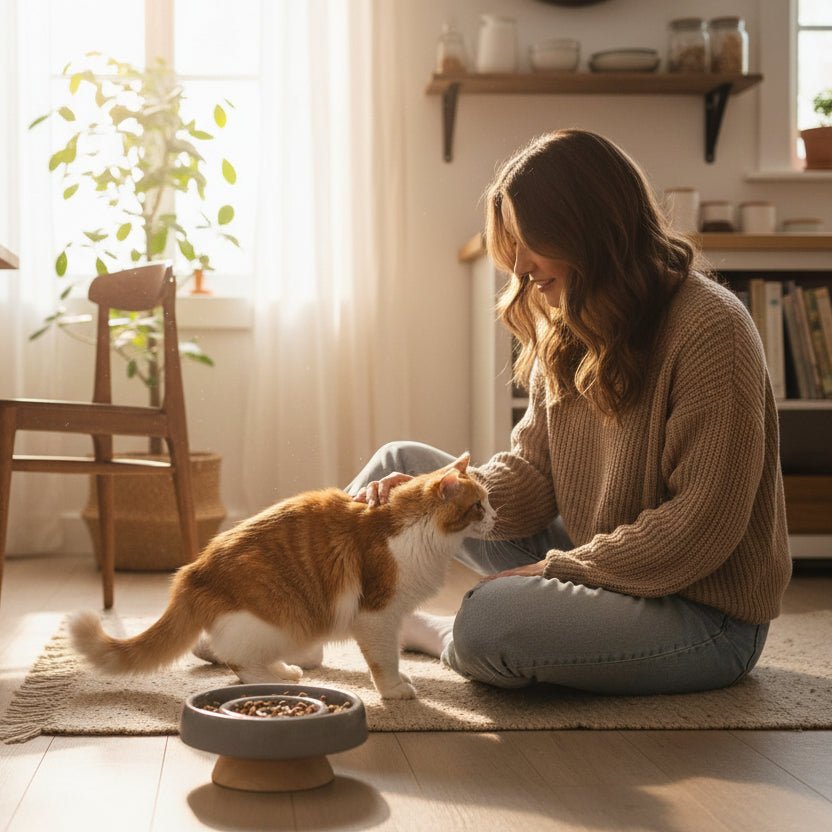 Gamelle anti glouton surélevée pour chat en céramique près une femme caresse son chat 