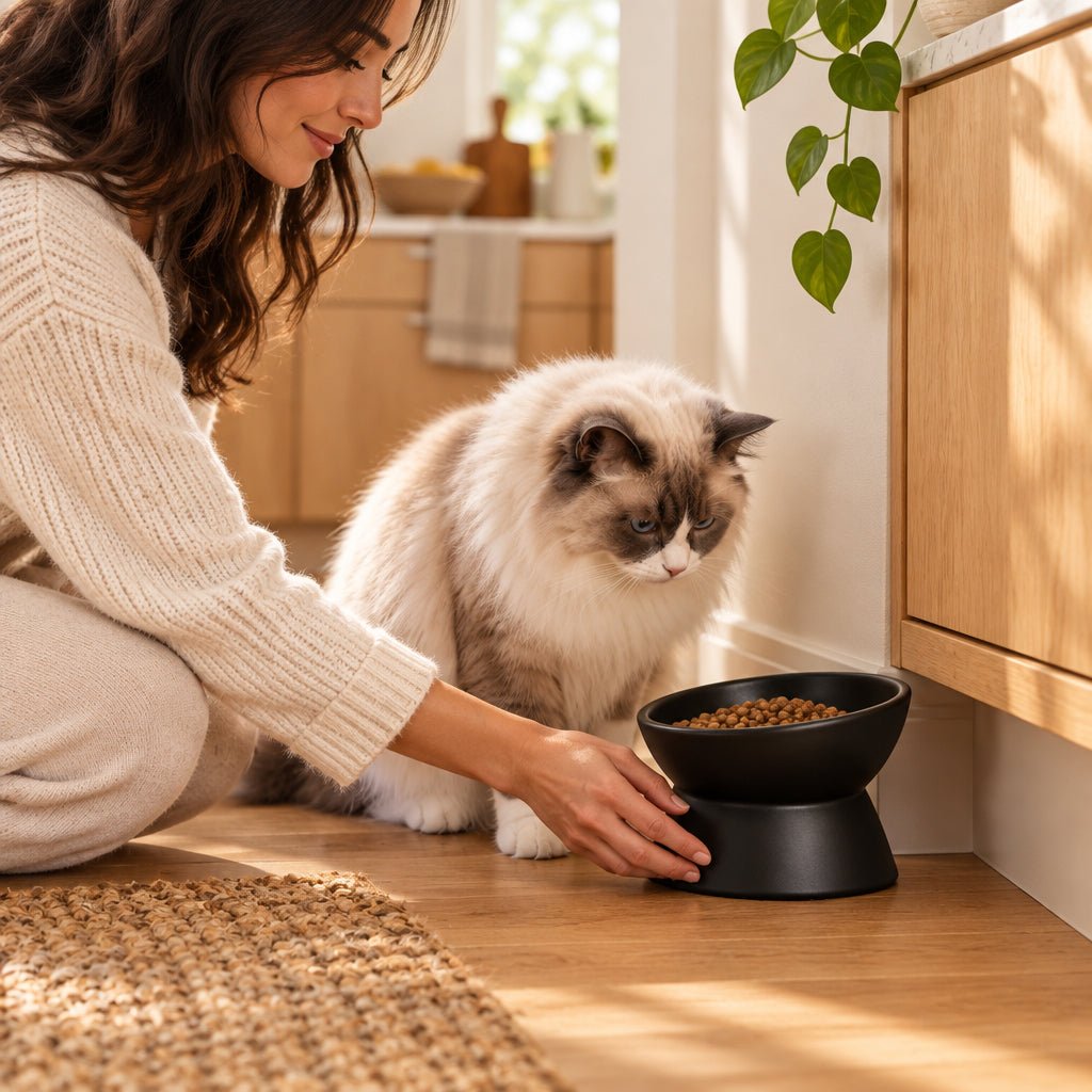Gamelle chat céramique surélevée servi par une femme