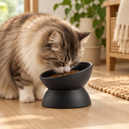 chat mangeant dans la Gamelle chat céramique surélevée