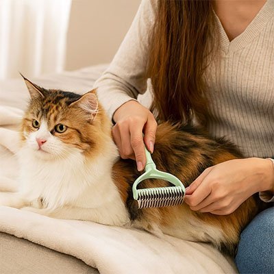 Brossage d’un chat sur le canapé avec une brosse pour Chat