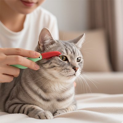 Brossage près des yeux avec une brosse à chat