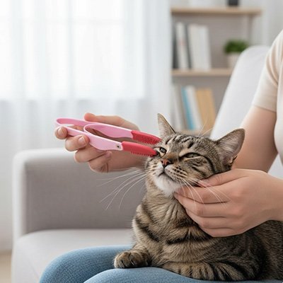 Brosse à chat appliquée près des yeux 