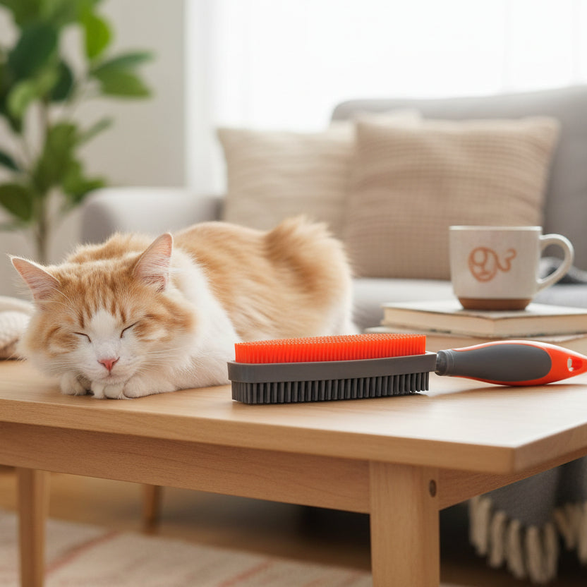 une brosse anti poils posée sur la table à côté du chat