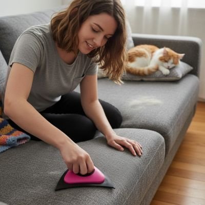 brosse anti poils rose sur le canapé