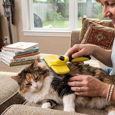 brosse chat poil long sur dos chat 